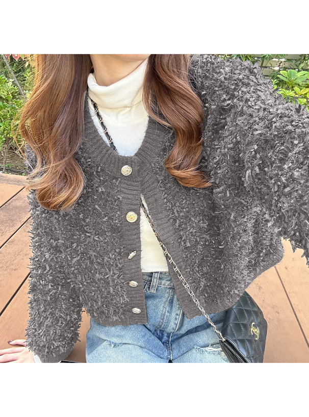 ゴールドボタンチュールヤーンニットカーディガン[kz711] | レディース