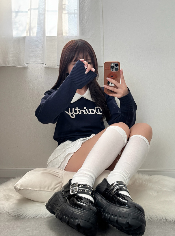 配色ロゴダブルカラーポロニットトップス