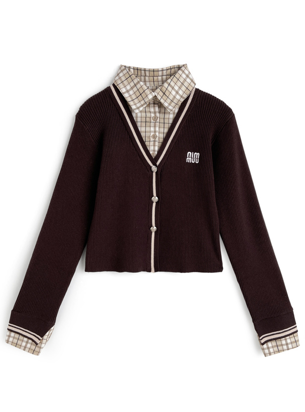 チェック柄シャツレイヤード風ニットトップス