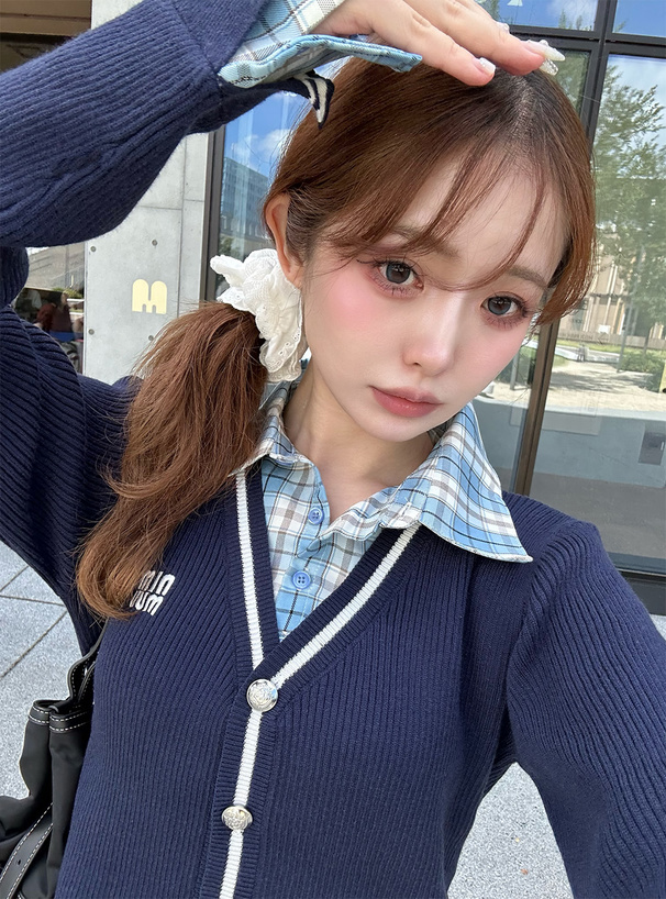 チェック柄シャツレイヤード風ニットトップス[kz715] | レディース