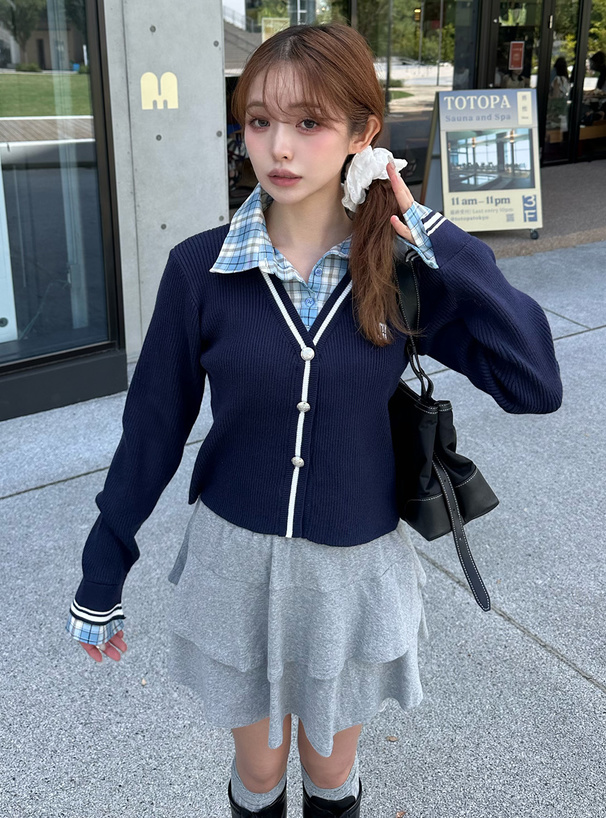 ebure エブール　キーネックトップス　チェック柄　ネイビー ebure エブール キーネックトップス チェック柄 ネイビー