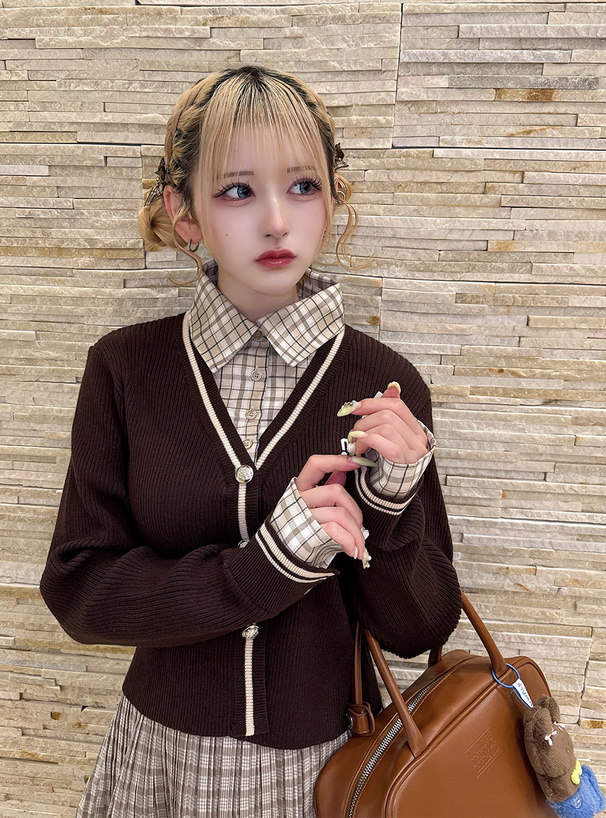 チェック柄シャツレイヤード風ニットトップス