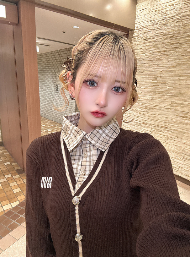 チェック柄シャツレイヤード風ニットトップス