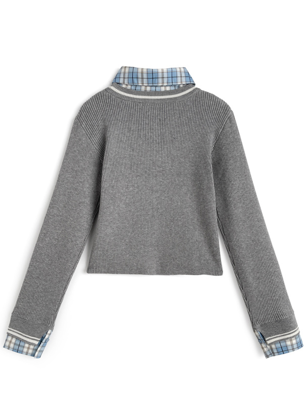 みん様　トップス　グレー チェック柄シャツレイヤード風ニットトップス[kz715] | レディース