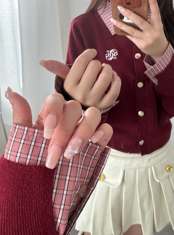 チェック柄シャツレイヤード風ニットカーディガン