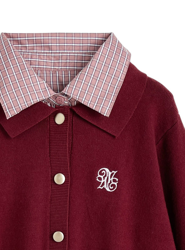 チェック柄シャツレイヤード風ニットカーディガン[kz716