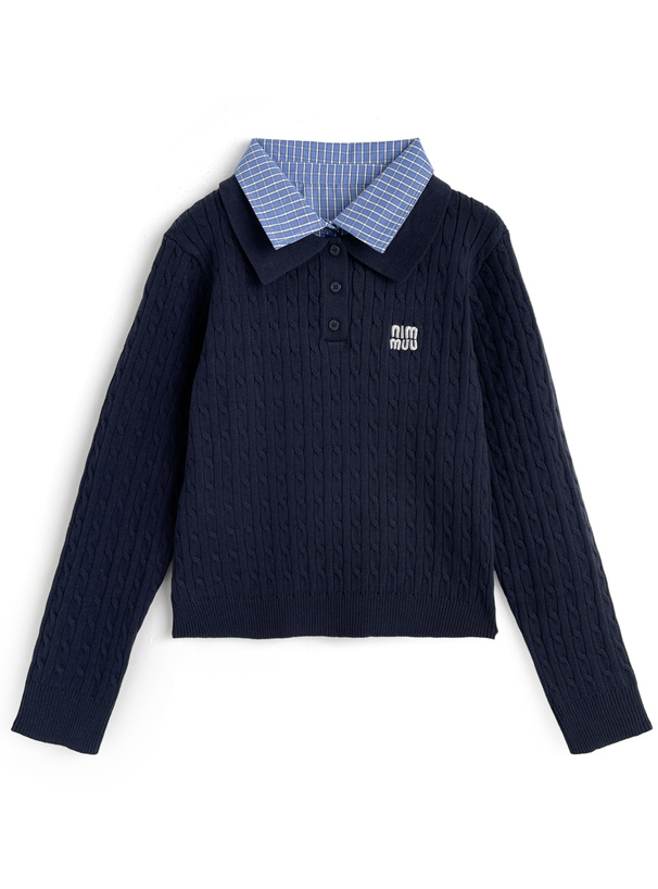 チェック柄シャツレイヤード風ケーブルポロニットトップス