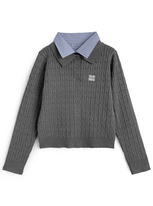 チェック柄シャツレイヤード風ケーブルポロニットトップス