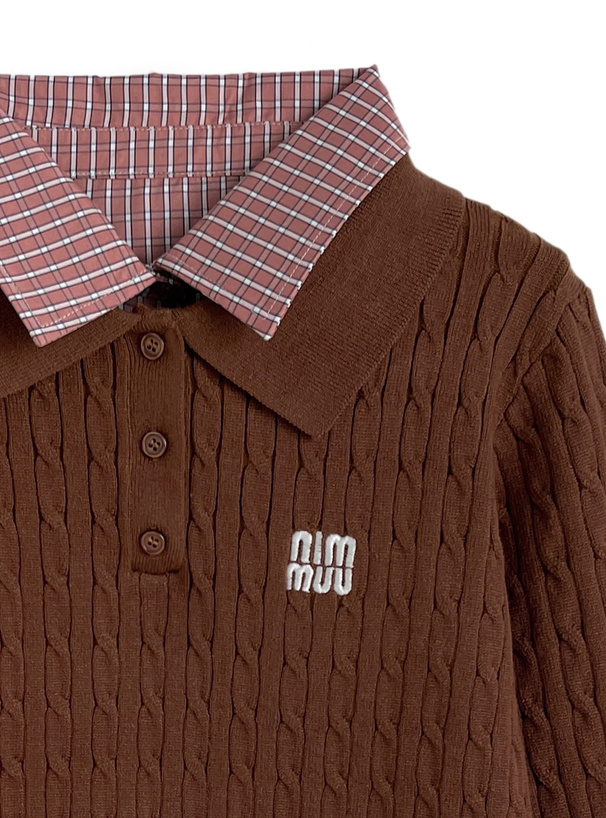 チェック柄シャツレイヤード風ケーブルポロニットトップス