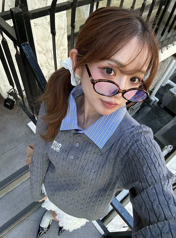 チェック柄シャツレイヤード風ケーブルポロニットトップス