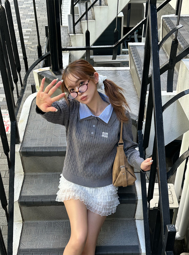 チェック柄シャツレイヤード風ケーブルポロニットトップス