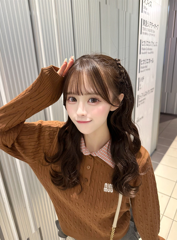 チェック柄シャツレイヤード風ケーブルポロニットトップス