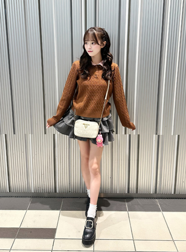 チェック柄シャツレイヤード風ケーブルポロニットトップス