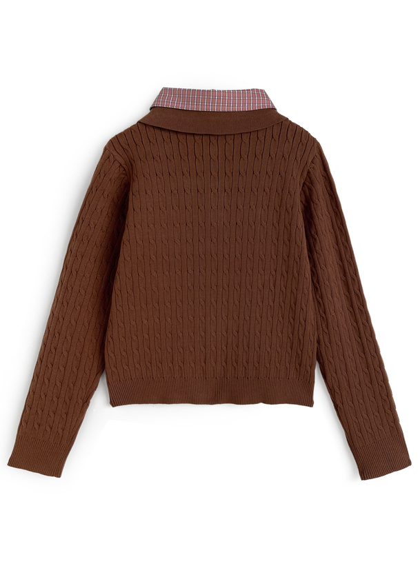チェック柄シャツレイヤード風ケーブルポロニットトップス