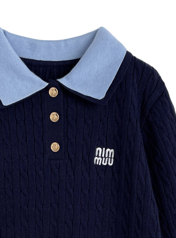 ダブルカラーケーブル編みニットトップス