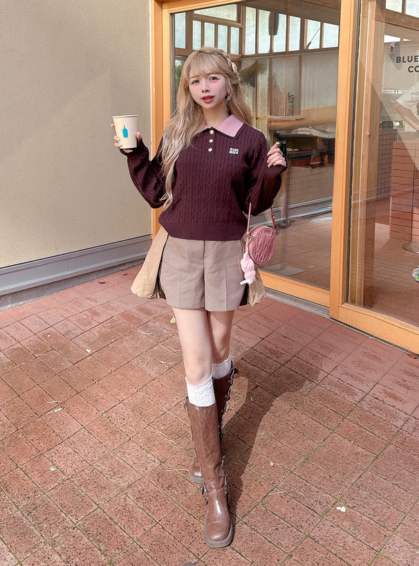 ダブルカラーケーブル編みニットトップス