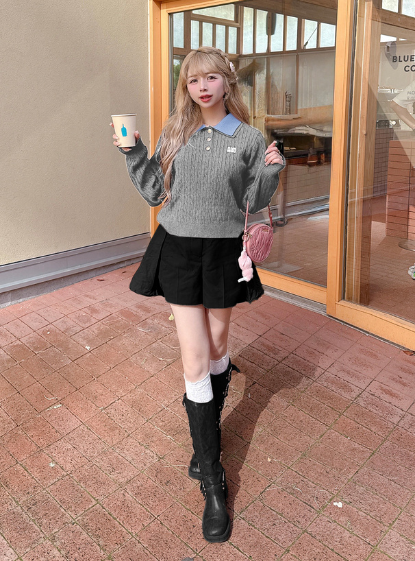 ダブルカラーケーブル編みニットトップス