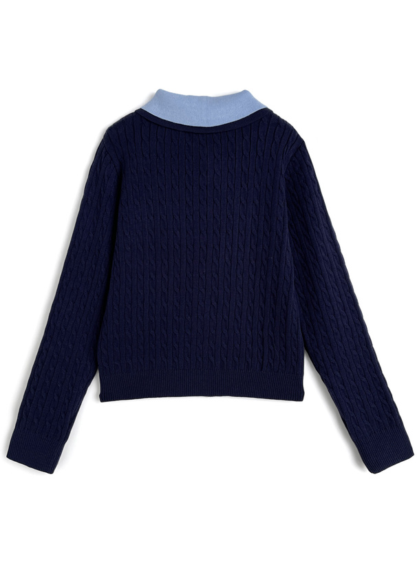 ダブルカラーケーブル編みニットトップス