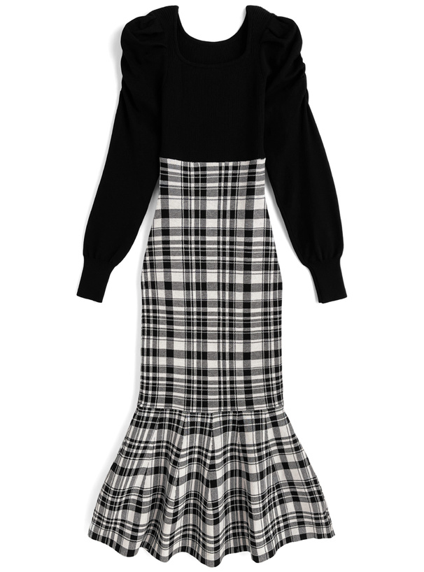 チェック柄切替マーメイドニットワンピース[kz719]