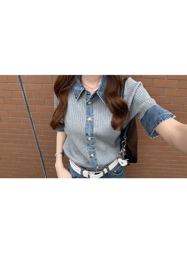 デニムドッキングゴールドボタンリブニットトップス