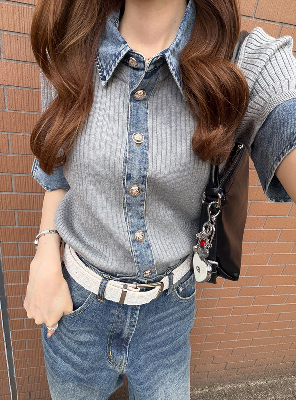 デニムドッキングゴールドボタンリブニットトップス