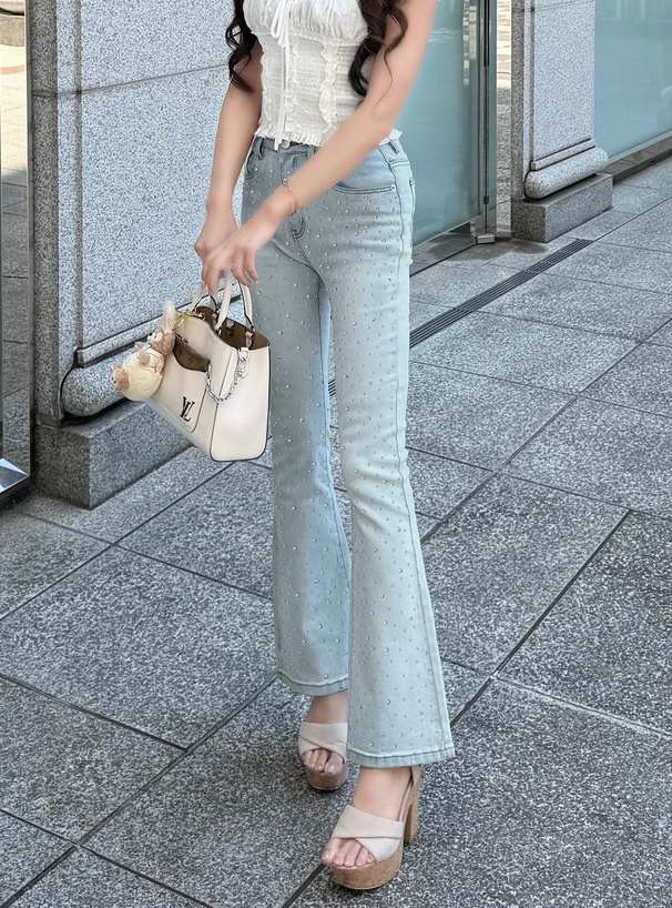 ラインストーンフレアデニムパンツ