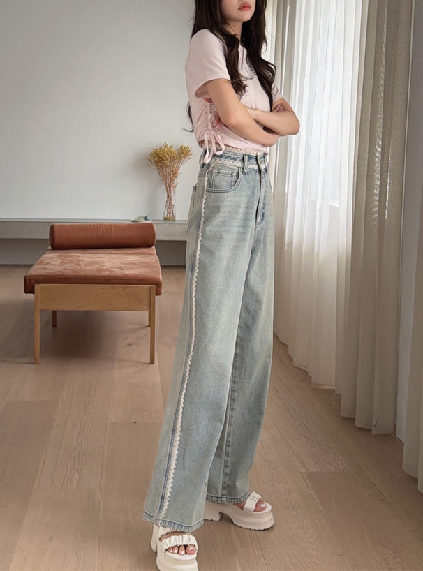 レースビジューストレートデニムパンツ