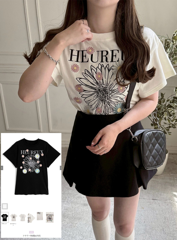 フラワー刺繍Tシャツ