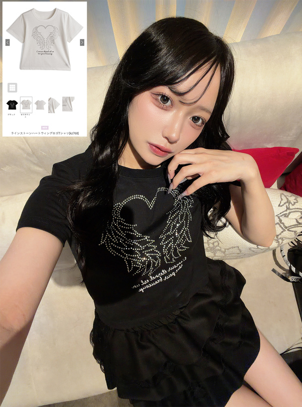 ラインストーンハートウィングロゴTシャツ