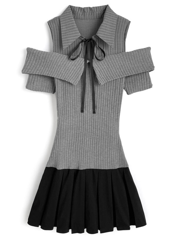 ストライプ柄シャツドッキングニットプリーツワンピース