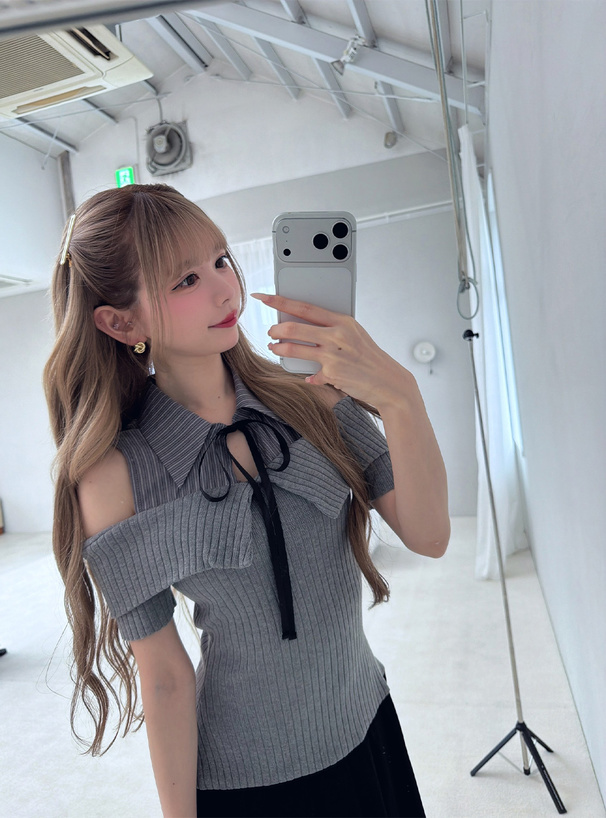 ストライプ柄シャツドッキングニットプリーツワンピース