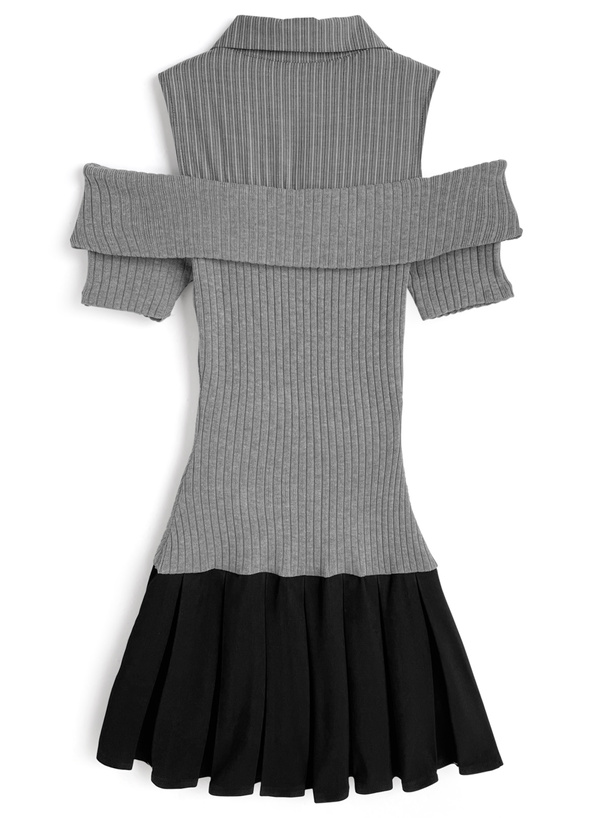 ストライプ柄シャツドッキングニットプリーツワンピース