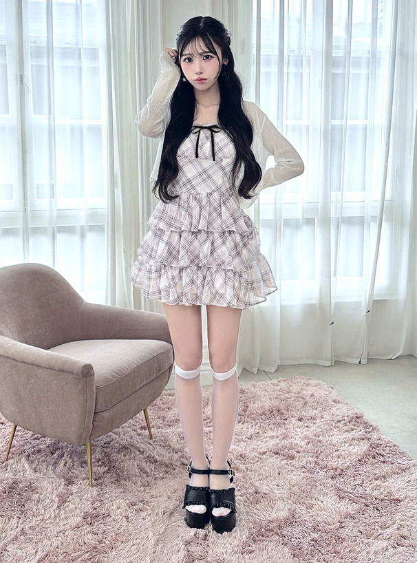 チェック柄リボンティアードキャミソールミニワンピース