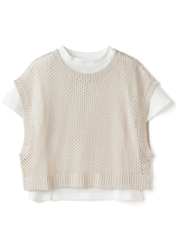 透かし編みショート丈ニットベストXTシャツアンサンブル