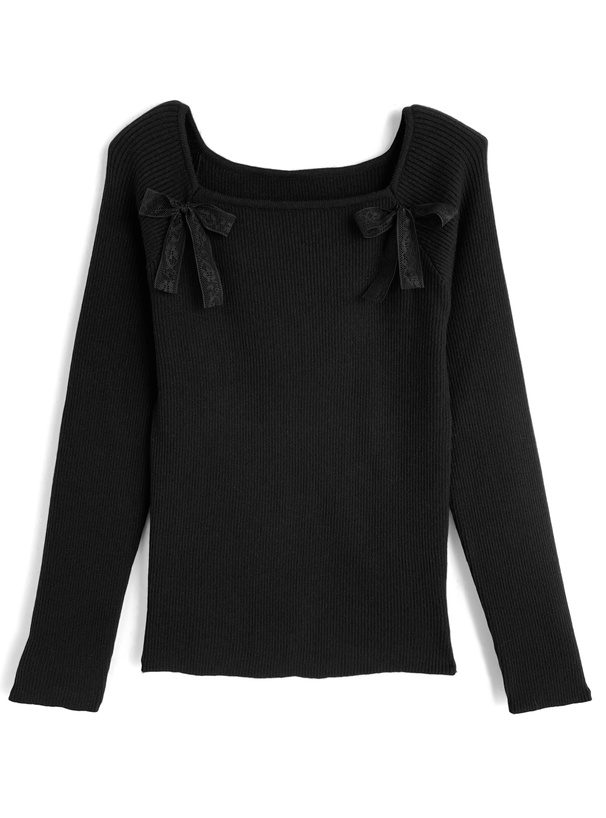 ダブルレースリボンリブニットトップス