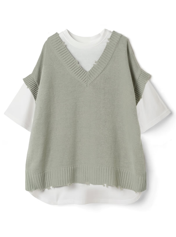 バックボタンニットベストドッキングTシャツ