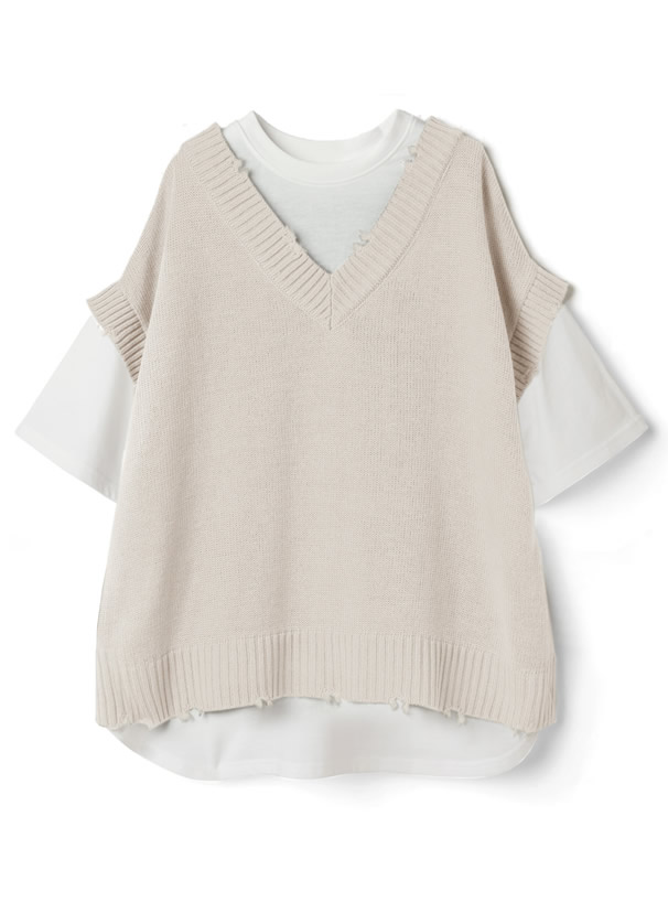 バックボタンニットベストドッキングTシャツ