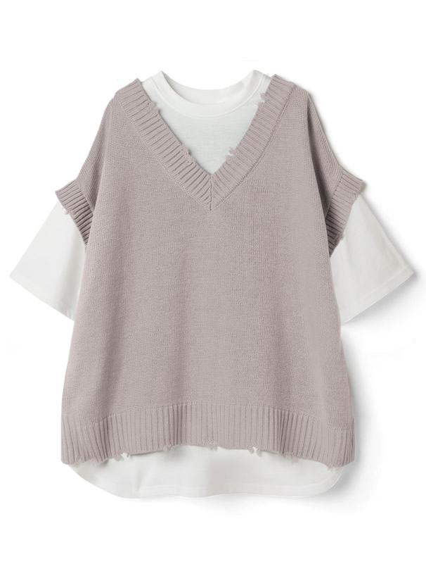 バックボタンニットベストドッキングTシャツ