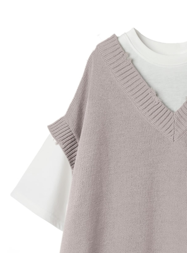 バックボタンニットベストドッキングTシャツ