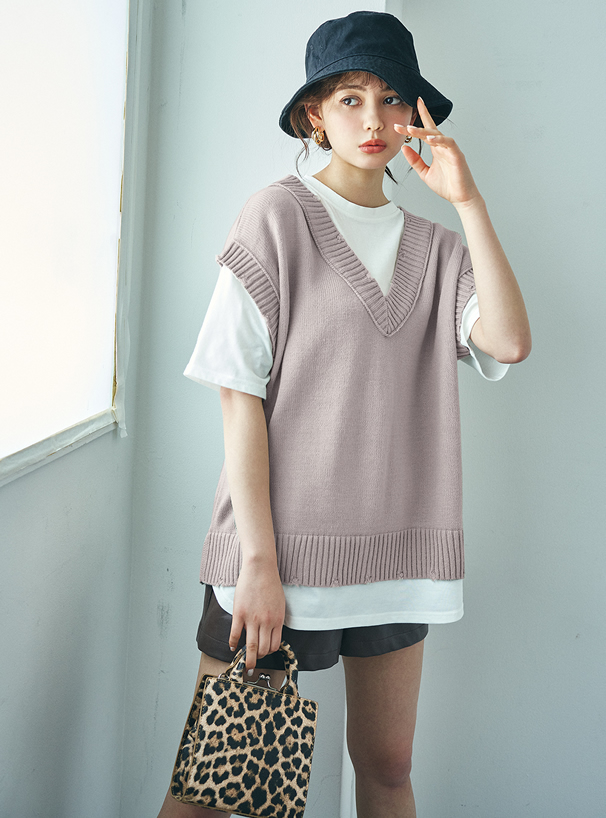 バックボタンニットベストドッキングTシャツ