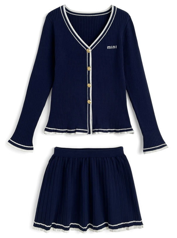 配色ラインロゴ刺繍リブカーディガン×プリーツミニスカートセットアップ