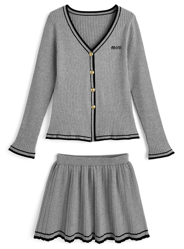 配色ラインロゴ刺繍リブカーディガン×プリーツミニスカートセットアップ