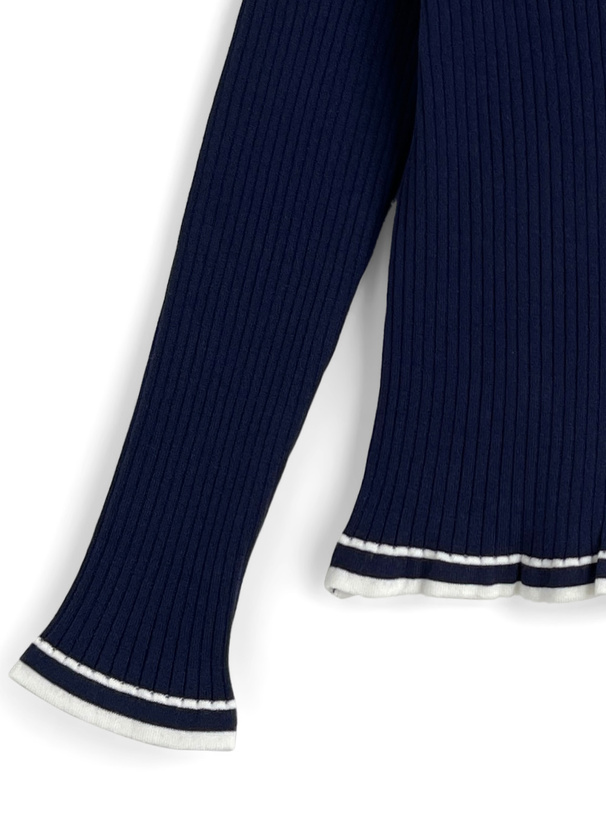 配色ラインロゴ刺繍リブカーディガン×プリーツミニスカートセットアップ