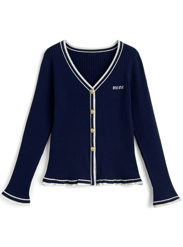 配色ラインロゴ刺繍リブカーディガン×プリーツミニスカートセットアップ