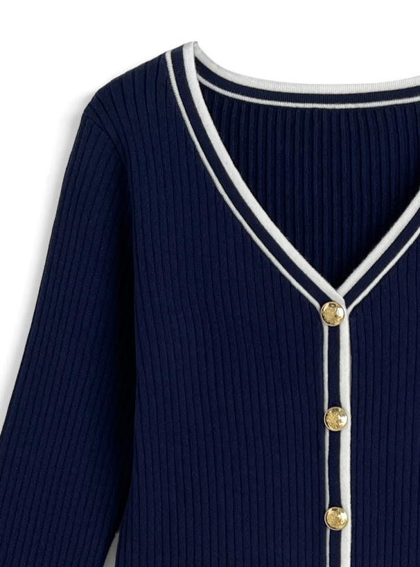 配色ラインロゴ刺繍リブカーディガン×プリーツミニスカートセットアップ