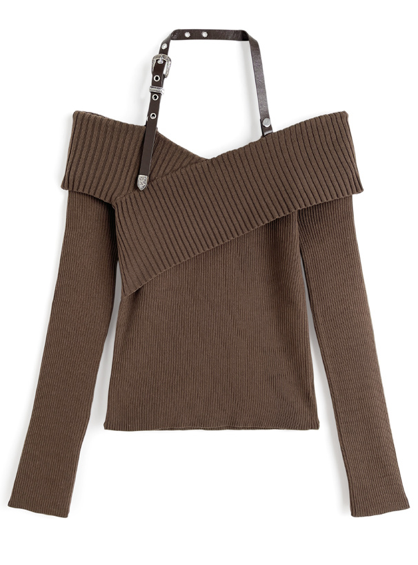 2Wayベルトホルターネックオフショルダーニットトップス