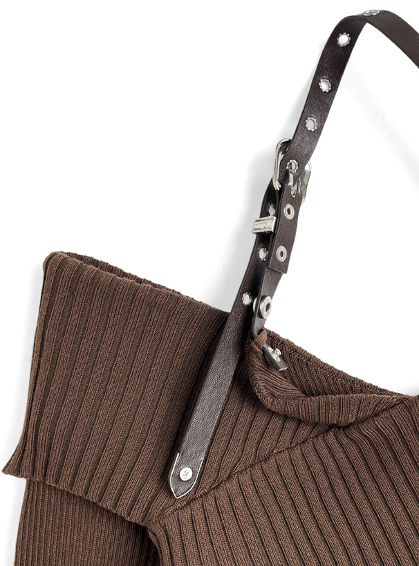 2Wayベルトホルターネックオフショルダーニットトップス