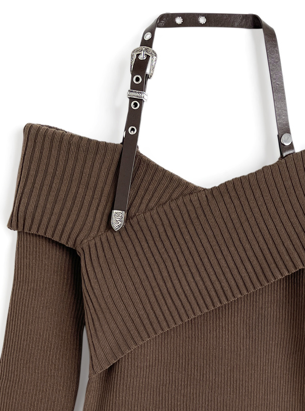 2Wayベルトホルターネックオフショルダーニットトップス