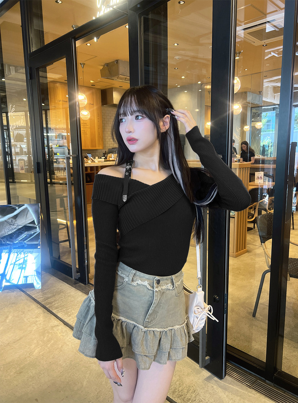 2Wayベルトホルターネックオフショルダーニットトップス