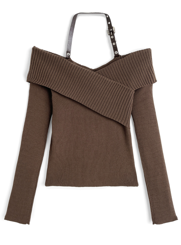 2Wayベルトホルターネックオフショルダーニットトップス